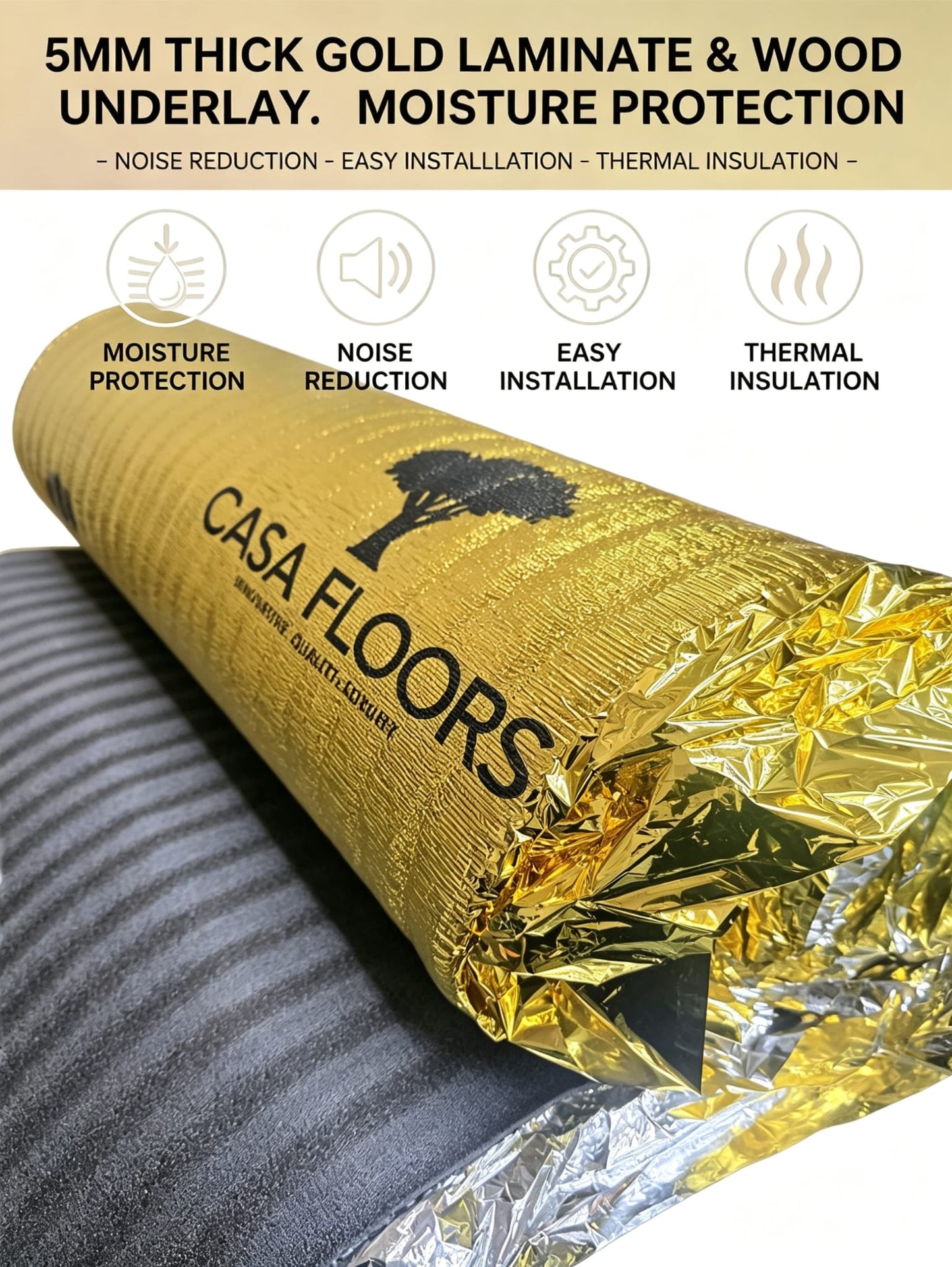 *CASA FLOORS 5mm Gold Laminate & Wood Underlay – 15m² Roll